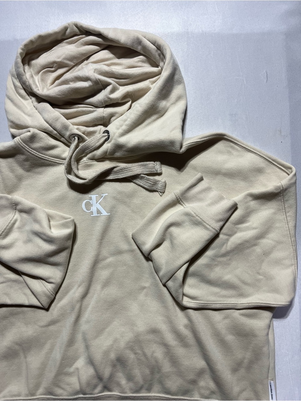 Calvin Klein Womens Large Cream/Tan Cropped Logo Long Sleeve Pullover Hoodie